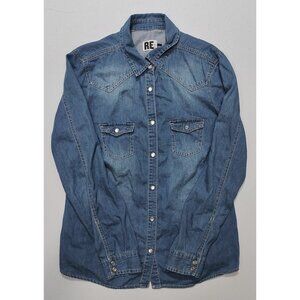 RE Denim Women's Blue Pearl Snap Button Up Shirt Size 14/38(Equiv. Size S)